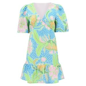 Rhode Mariana Dress Blue Psychedelic Flower Linen Ruffle Hem Size 14 NWT